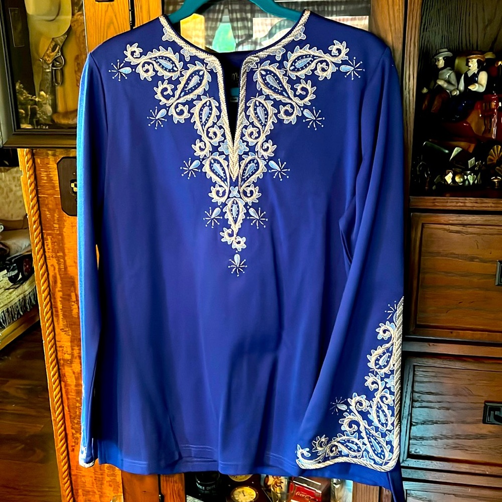 Royal blue Bob Mackie blouse.